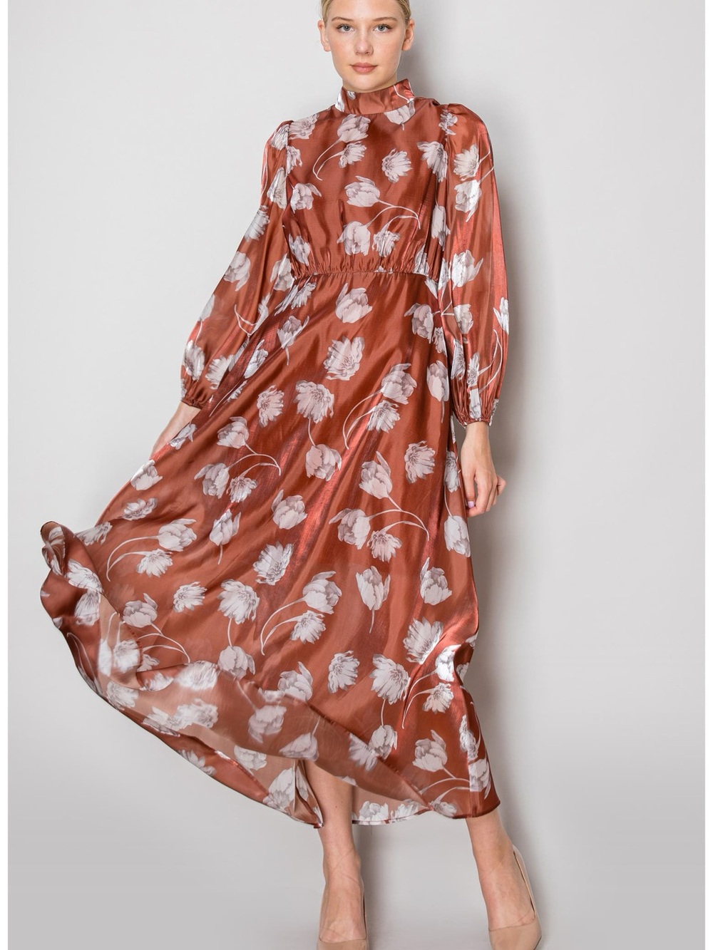 Rust Floral Mock-Neck Chiffon Maxi Dress